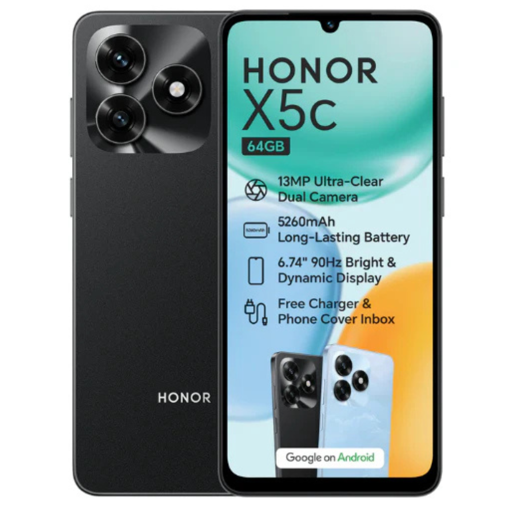Honor X5c smartphone with features displayed on a white background