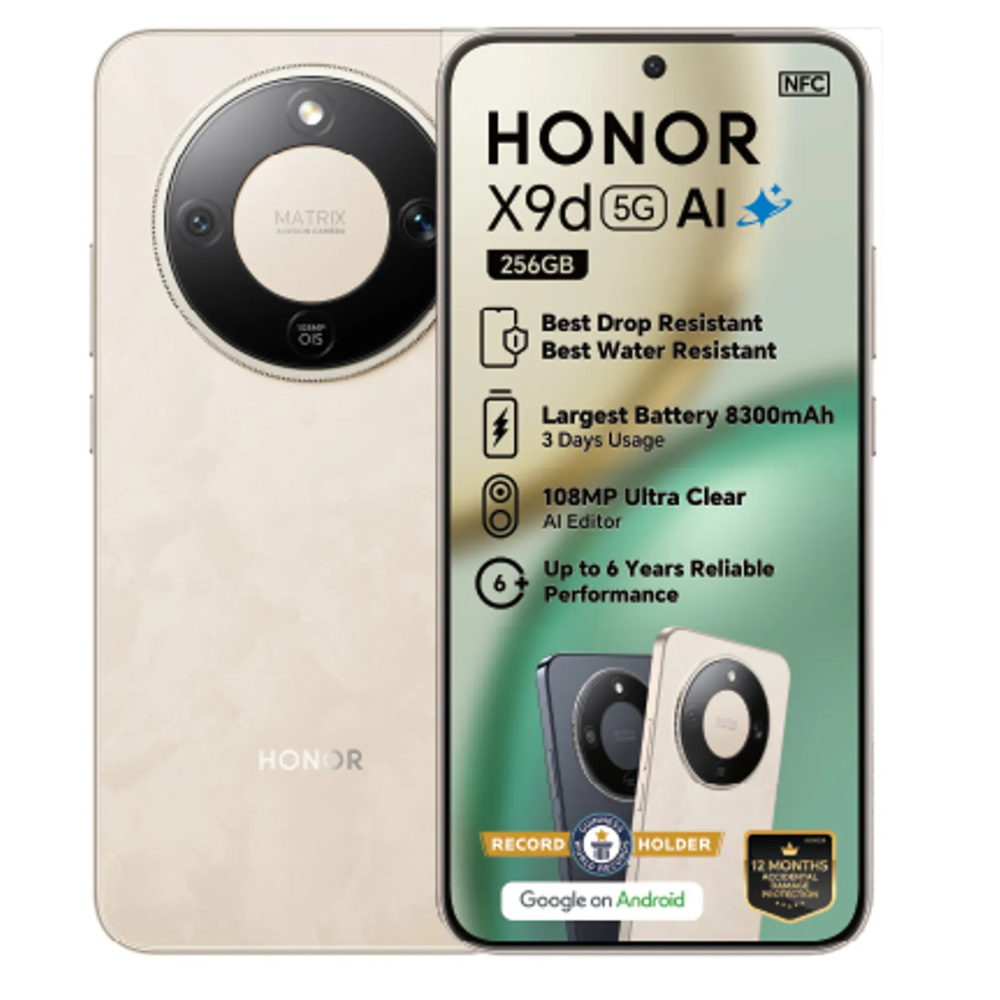 Honor X9d 5G smartphone with back and front views on a white background