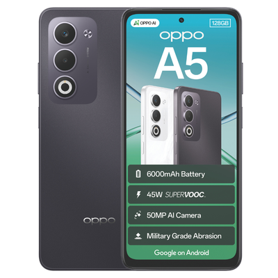 Oppo A5 smartphone with front and back views on a white background