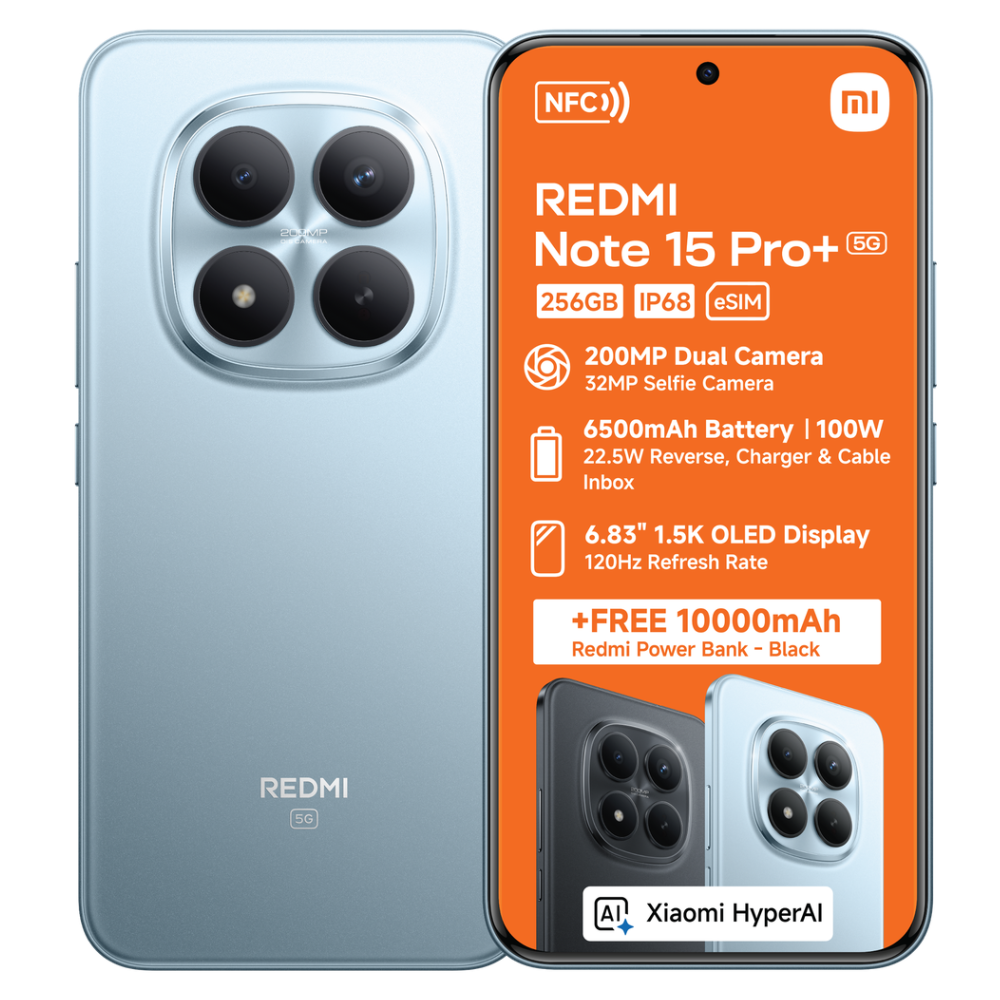 Redmi Note 15 Pro+ smartphone with specifications on an orange background