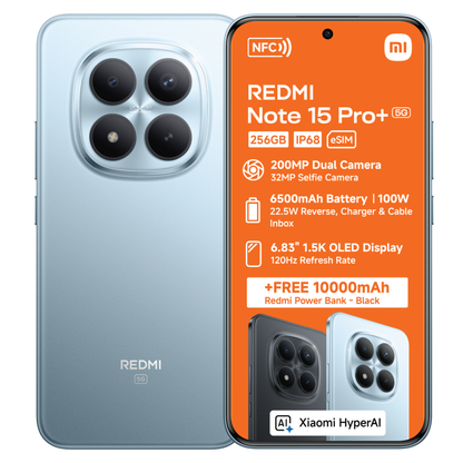 Redmi Note 15 Pro+ smartphone with specifications on an orange background