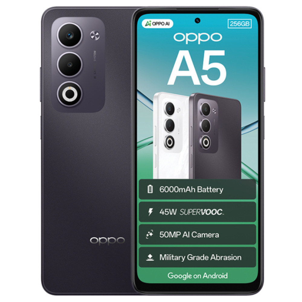 Oppo A5 smartphone showing front and back with specifications on a white background
